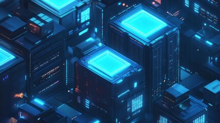 Futuristic Pixel Art Cityscape at Night with Glowing Blue Buildings