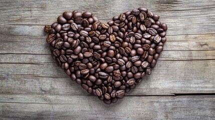 A heart-shaped arrangement of coffee beans on a rustic wooden surface, symbolizing love for coffee.