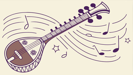 Illustration of sitar, Indian musical instrument,