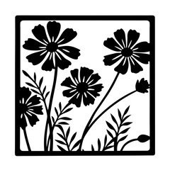 Black and White Floral Design Square Art Print Botanical Illustration Flower Garden Cosmos Silhouette