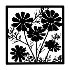 Elegant Black and White Cosmos Flower Silhouette Framed Artwork Botanical Illustration