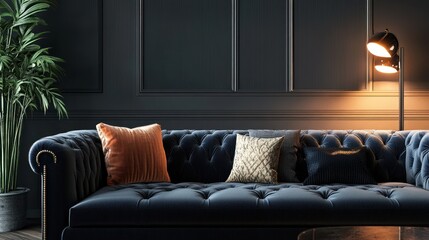 A plush blue velvet sofa with decorative pillows in a living room