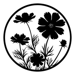 Elegant Black and White Cosmos Flower Silhouette in a Circular Frame Botanical Illustration