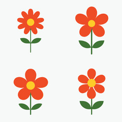 Bright floral icons featuring red flowers with yellow centers and green leaves for garden projects