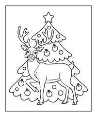 Naklejka premium Reindeer with Christmas tree coloring page for kids, black line art vector illustration on white background