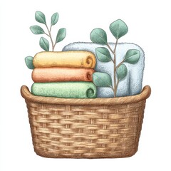 Pastel Towels and Linens in Wicker Basket with Eucalyptus