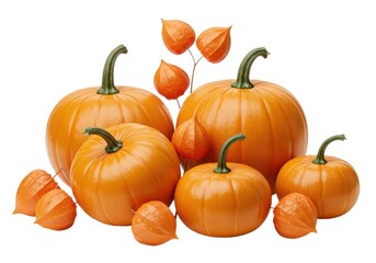Autumn pumpkins and chinese lanterns still life isolated isolated on white background