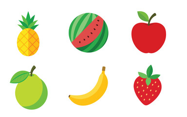 Colorful Vector Illustration of Fresh Fruits – Apple, pineapple, Banana, and More in Flat Design Style