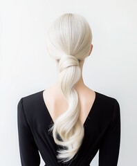 Naklejka premium a woman with long white hair with elegant sophisticated hairstyle, wearing black, view from the back