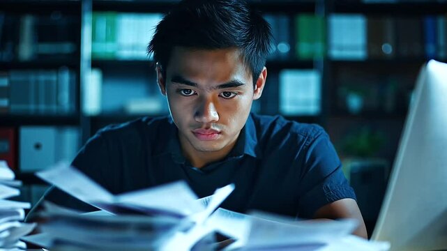 A dimly lit office where a young man stares blankly at his overflowing inbox and printed documents, exhaustion clear on his face as the weight of responsibilities sinks in.