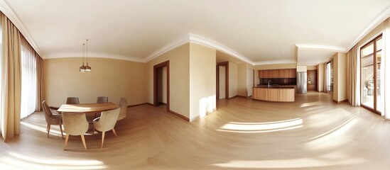 A panoramic view of a modern and spacious living room