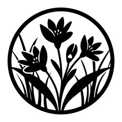 Elegant Black and White Floral Circle Design Featuring Three Stylized Flowers and Grass
