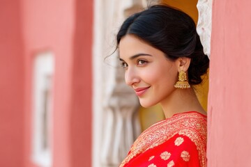 Fototapeta premium Elegant silk sari worn by a woman with a graceful smile, showcasing traditional Indian attire against a vibrant background, cultural fashion concept