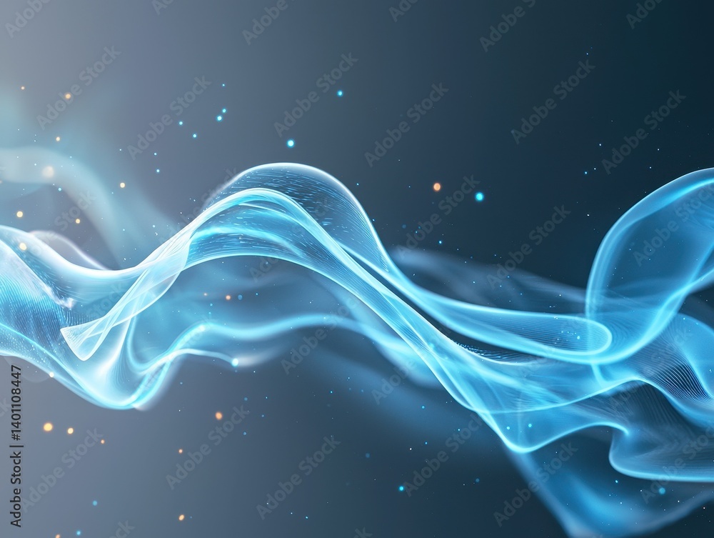 Poster flowing, ethereal waves of light in a gradient blue atmosphere with sparkling particles. digital ren