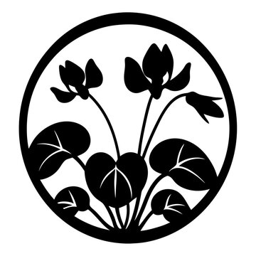 recommend clip art: Elegant Black and White Floral Circle Design featuring Cyclamen Flowers and Leaves