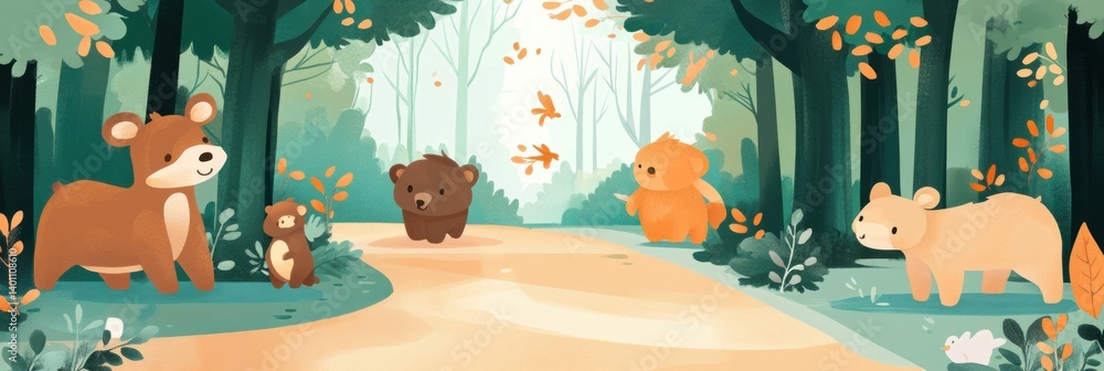 Poster Soft animals walk together along a forest path surrounded by trees and gentle foliage in a serene natural setting