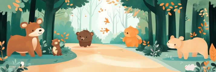 Soft animals walk together along a forest path surrounded by trees and gentle foliage in a serene natural setting
