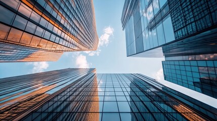 Low angle perspective view of tall modern glass skyscrapers