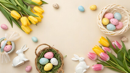 easter eggs in a basket with flowers
