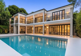 Fototapeta premium Luxury Beige House with Pool at Dusk Aerial View