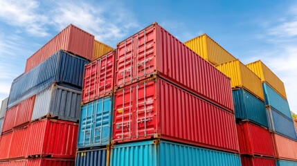 Colorful Stack of Shipping Containers Under a Blue Sky