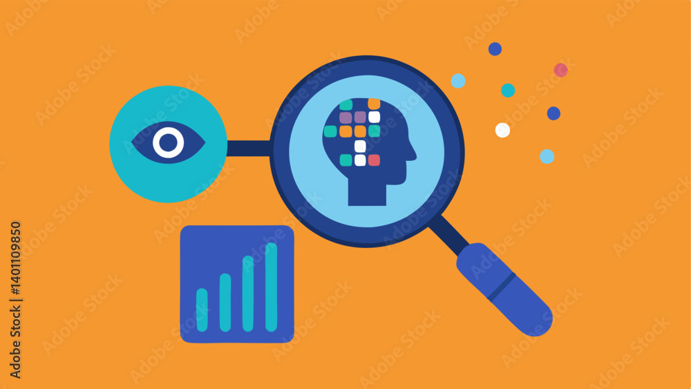 Poster magnifying glass over data a magnifying glass focusing on a of consumer data points while an ai assi