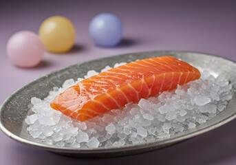 Fresh Raw Salmon Fillet on Ice Bed with Pastel Background


