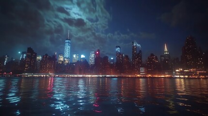 Fototapeta premium Lights of city skyline shimmer in river high resolution picture