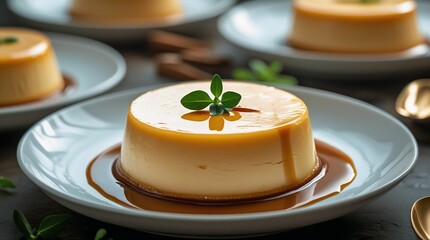 Elegant Caramel Flan with Mint Garnish on White Plate 