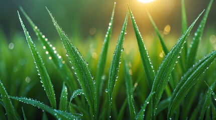 Fototapeta premium Dew-Kissed Blades of Grass bathed in the morning sunlight, a vibrant tapestry of nature's renewal.