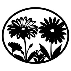 Black and White Floral Design Featuring Three Daisies in an Oval Frame Botanical Illustration