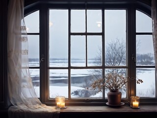 Candles and Winter Landscape Through a Window
