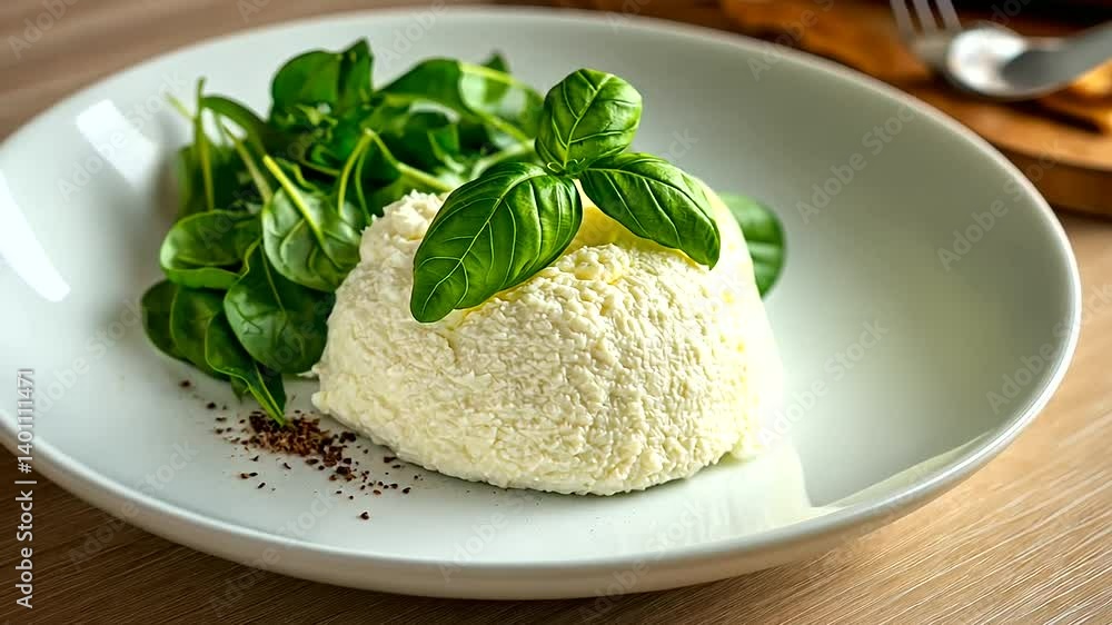 Poster a plate of fresh ricotta cheese garnished with basil and served with a side of spinach and arugula, 
