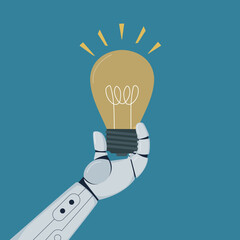 Robot hand is holding lightbulb idea. Chat bot or automation to help or support work, solution concept. Concept of machine learning. Artificial Intelligence.