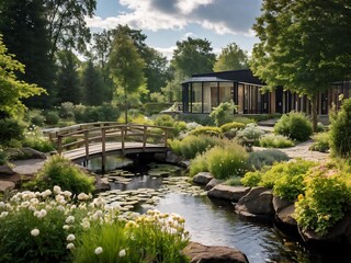 Obraz premium Tranquil Garden Retreat with a Wooden Bridge