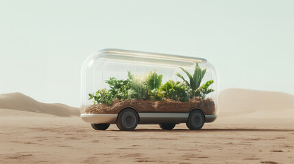 Futuristic greenhouse vehicle crossing the desert - a moving vision of post-climate resilience