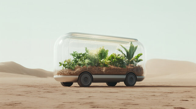 Futuristic greenhouse vehicle crossing the desert - a moving vision of post-climate resilience