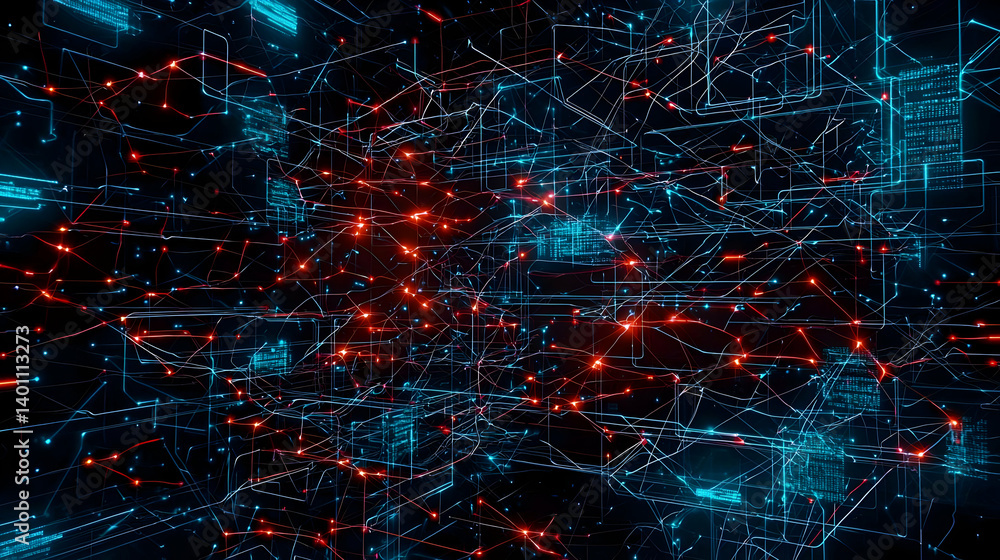 Poster abstract digital network design with red and blue glowing lines