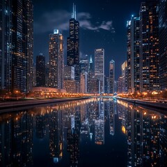 Fototapeta premium Lively night skyline glowing above river reflection high resolution picture