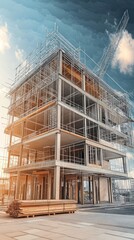 A modern building under construction with scaffolding and a crane