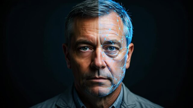 Man face scanning with blue laser dots and lines
