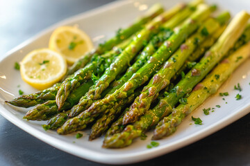 Grilled Asparagus with Olive Oil and Sea Salt on White Plate – Fresh Healthy Food Presentation