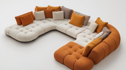 A large modular upholstered sectional sofa with multiple colorful pillows