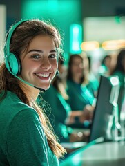 Cheerful Female Customer Support Operator Smiling at Work in Modern Service Environment with Headset