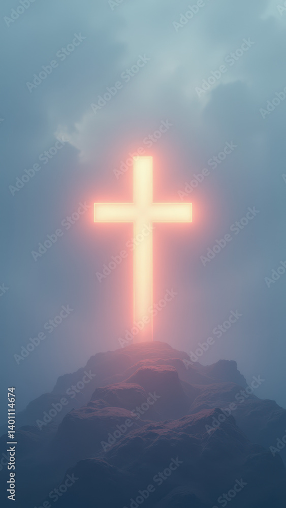 Poster a computer-generated image featuring a glowing cross on a mountaintop with a dramatic sky backdrop.