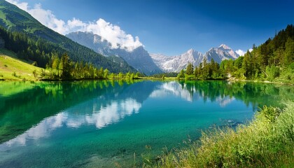 vibrant alpine scenery clear lake reflecting sky flanked by lush greenery and towering rugged mountains