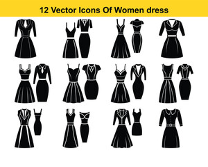 Vector set of Black and White women dress is isolated on white background. Casual, elegant and business cloths for women.