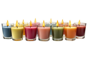 Row of colorful burning candles in glass holders on black background warm on transparent background