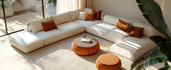 A modern minimalist living room with white and brown furniture