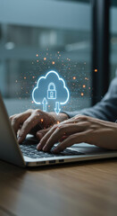 Secure Cloud Computing: Data Protection with Lock, Upload, Download Arrows & Digital Business with Laptop